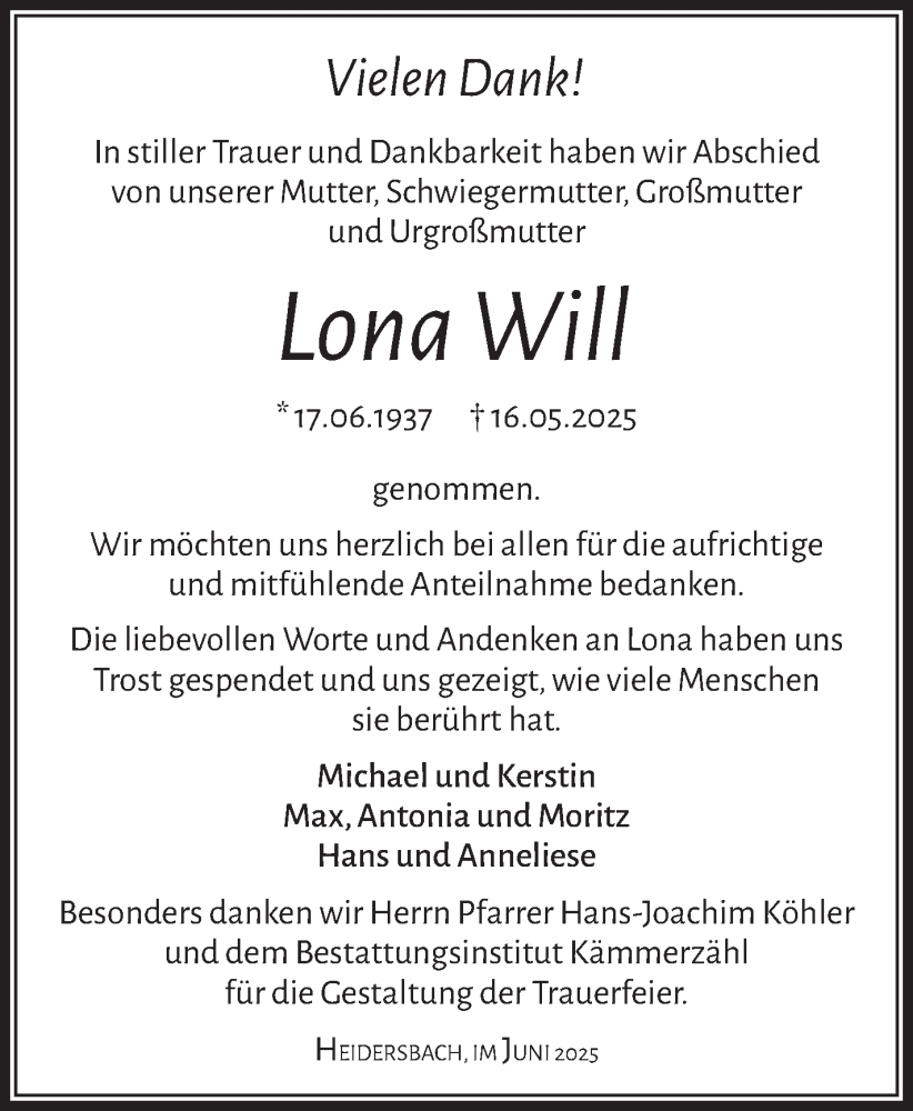  Traueranzeige für Lona Will vom 28.06.2025 aus Südthüringer Presse