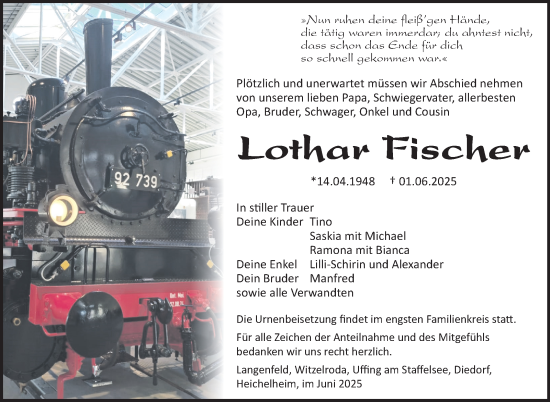 Traueranzeige von Lothar Fischer von Südthüringer Presse