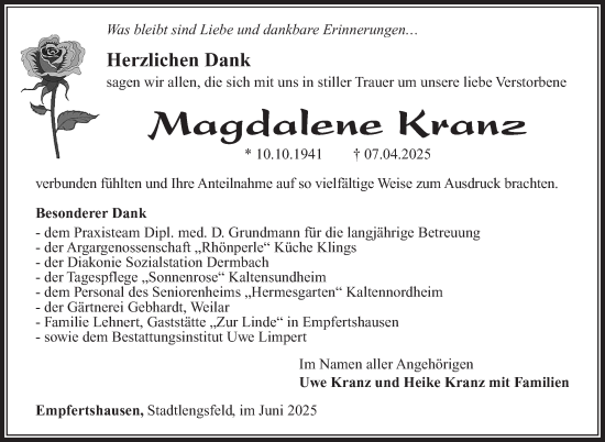 Traueranzeige von Magdalene Kranz von Südthüringer Presse