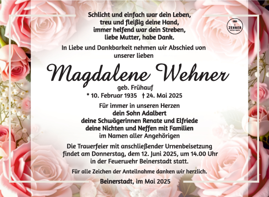 Traueranzeige von Magdalene Wehner von Südthüringer Presse