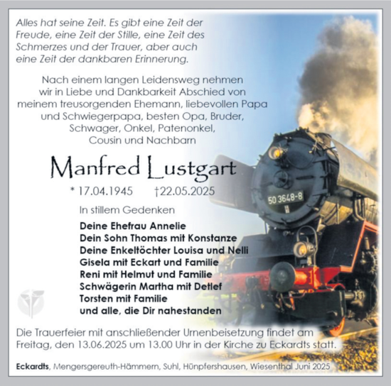 Traueranzeige von Manfred Lustgart von Südthüringer Presse