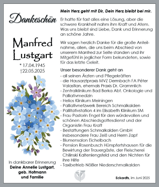 Traueranzeige von Manfred Lustgart von Südthüringer Presse