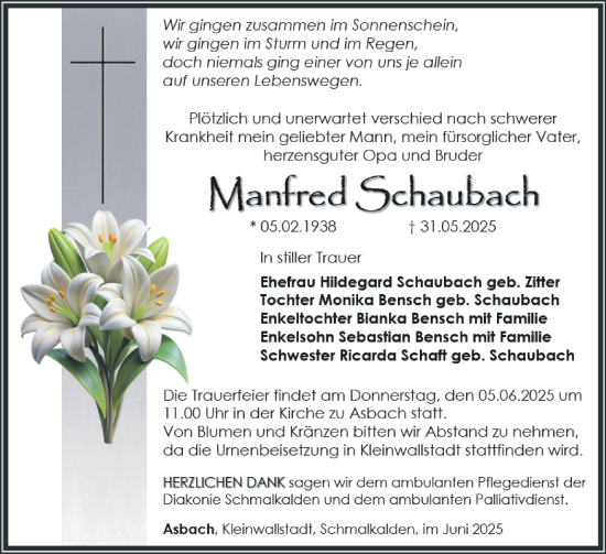 Traueranzeige von Manfred Schaubach von Südthüringer Presse
