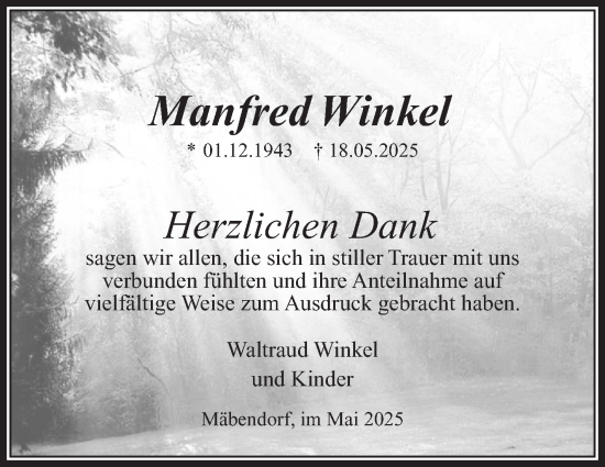 Traueranzeige von Manfred Winkel von Südthüringer Presse