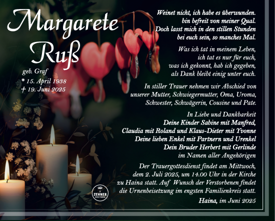 Traueranzeige von Margarete Ruß von Südthüringer Presse