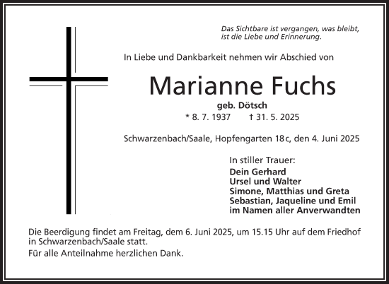 Traueranzeige von Marianne Fuchs von Frankenpost
