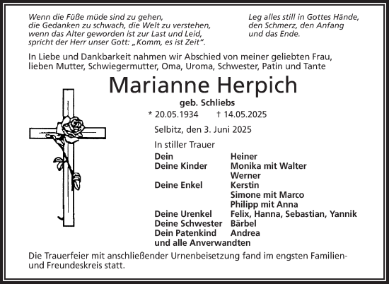 Traueranzeige von Marianne Herpich von Frankenpost
