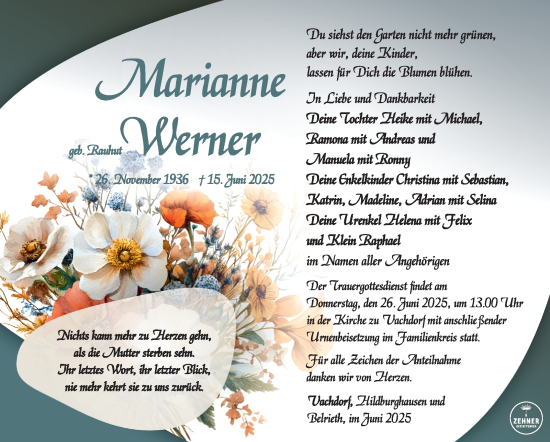 Traueranzeige von Marianne Werner von Südthüringer Presse