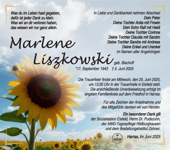 Traueranzeige von Marlene Liszkowski von Südthüringer Presse
