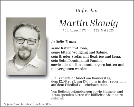 Traueranzeige von Martin Slowig von Südthüringer Presse