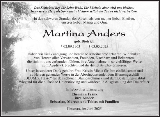 Traueranzeige von Martina Anders von Südthüringer Presse