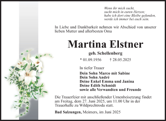 Traueranzeige von Martina Elstner von Südthüringer Presse