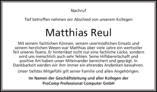 Traueranzeige von Matthias Reul von Frankenpost