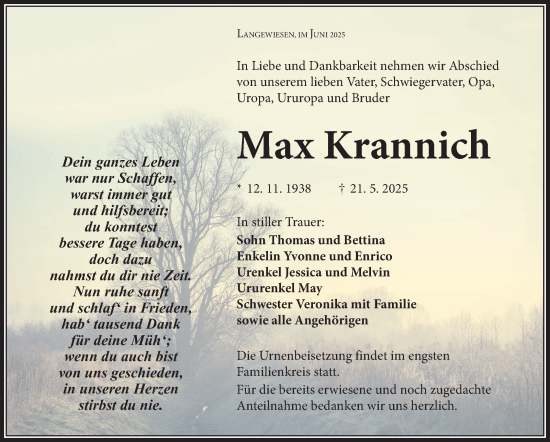 Traueranzeige von Max Krannich von Südthüringer Presse