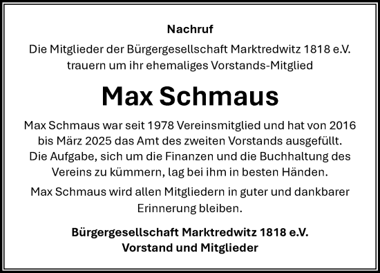 Traueranzeige von Max Schmaus von Frankenpost