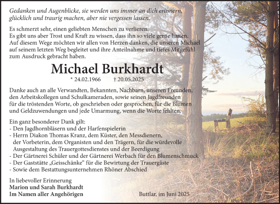 Traueranzeige von Michael Burkhardt von Südthüringer Presse
