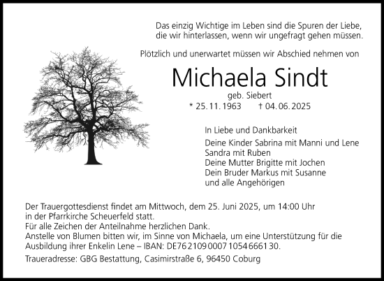 Traueranzeige von Michaela Sindt von Neue Presse Coburg