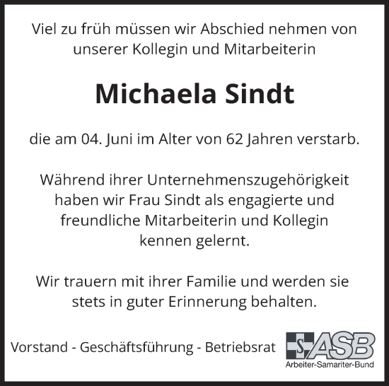 Traueranzeige von Michaela Sindt von Neue Presse Coburg
