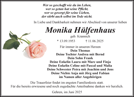 Traueranzeige von Monika Hülfenhaus von Südthüringer Presse