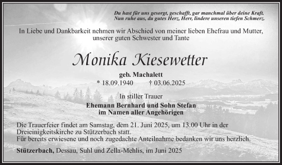 Traueranzeige von Monika Kiesewetter von Südthüringer Presse