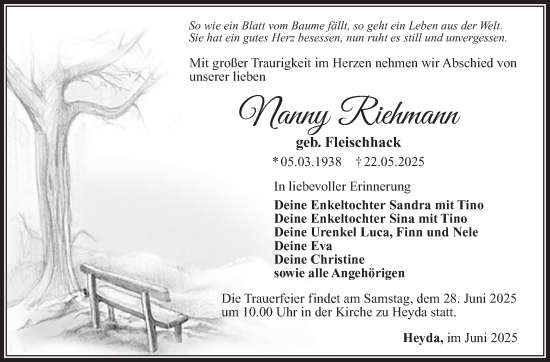 Traueranzeige von Nanny Riehmann von Südthüringer Presse
