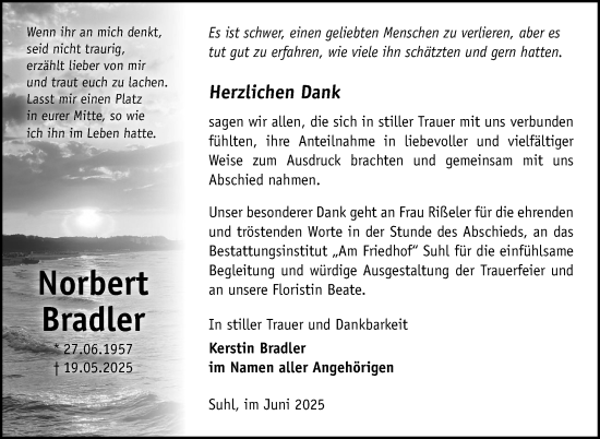 Traueranzeige von Norbert Bradler von Südthüringer Presse