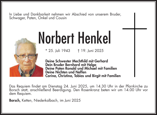 Traueranzeige von Norbert Henkel von Südthüringer Presse