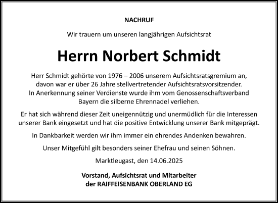 Traueranzeige von Norbert Schmidt von Frankenpost
