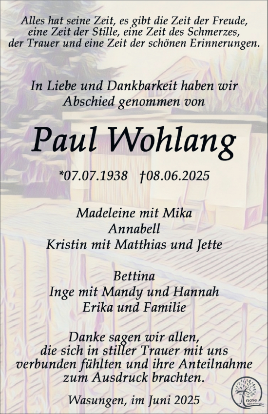 Traueranzeige von Paul Wohlang von Südthüringer Presse