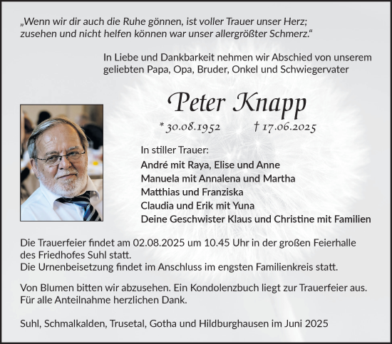 Traueranzeige von Peter Knapp von Südthüringer Presse