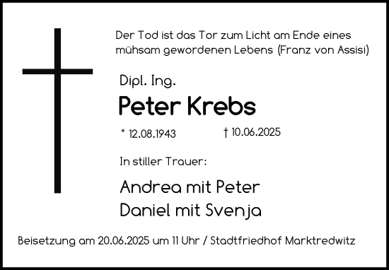 Traueranzeige von Peter Krebs von Frankenpost