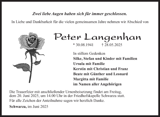 Traueranzeige von Peter Langenhan von Südthüringer Presse