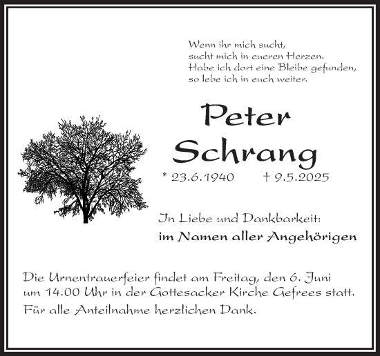 Traueranzeige von Peter Schrang von Frankenpost