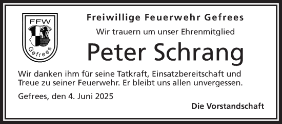Traueranzeige von Peter Schrang von Frankenpost