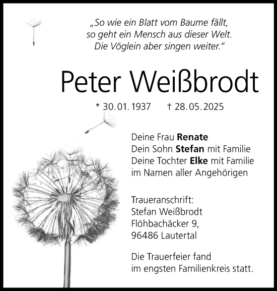 Traueranzeige von Peter Weißbrodt von Neue Presse Coburg