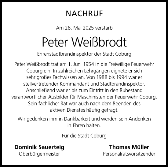 Traueranzeige von Peter Weißbrodt von Neue Presse Coburg