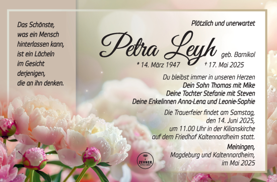 Traueranzeige von Petra Leyh von Südthüringer Presse