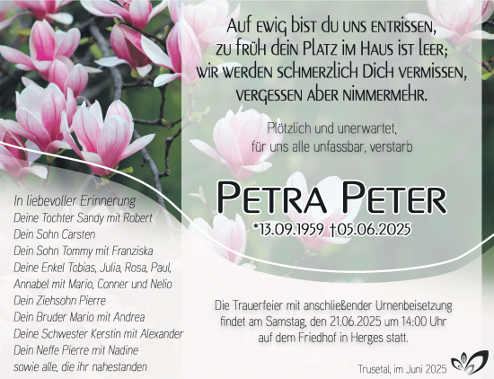 Traueranzeige von Petra Peter von Südthüringer Presse
