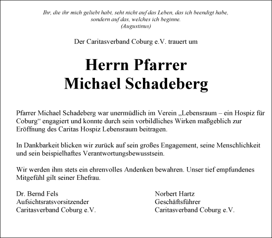Traueranzeige von Pfarrer Michael Schadeberg von Neue Presse Coburg
