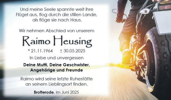 Traueranzeige von Raimo Heusing von Südthüringer Presse