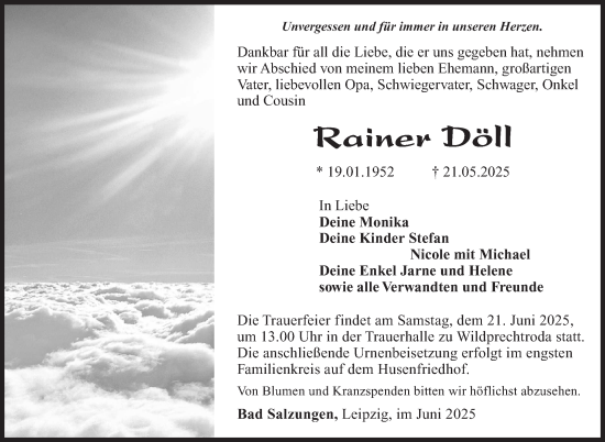 Traueranzeige von Rainer Döll von Südthüringer Presse