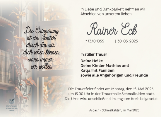 Traueranzeige von Rainer Eck von Südthüringer Presse