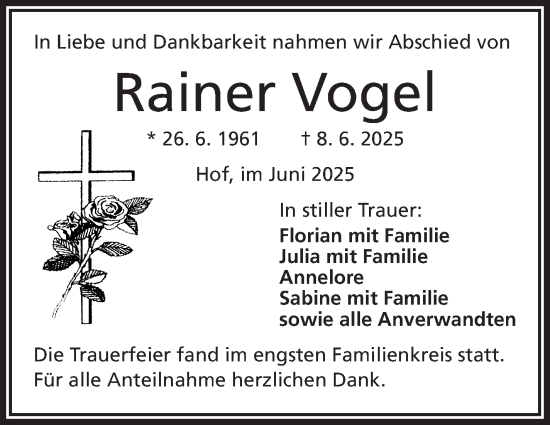 Traueranzeige von Rainer Vogel von Frankenpost