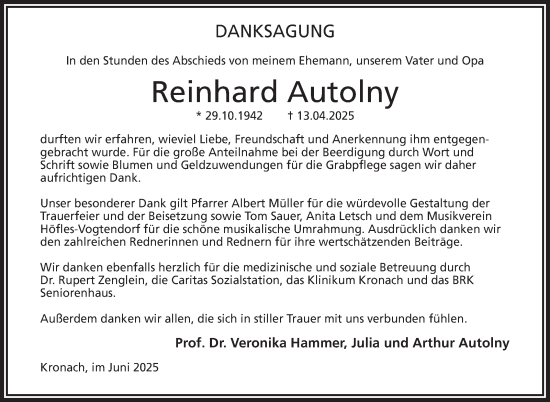 Traueranzeige von Reinhard Autolny von Neue Presse Coburg