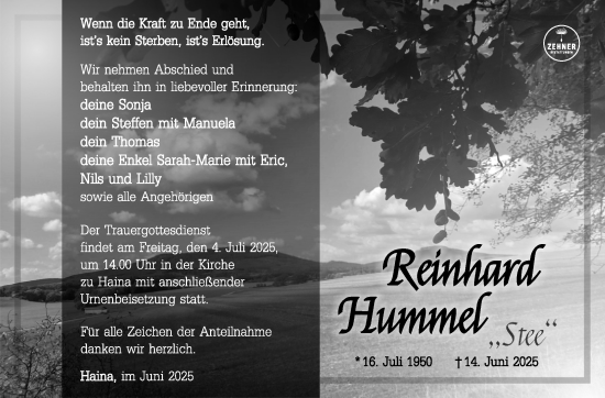 Traueranzeige von Reinhard Hummel von Südthüringer Presse