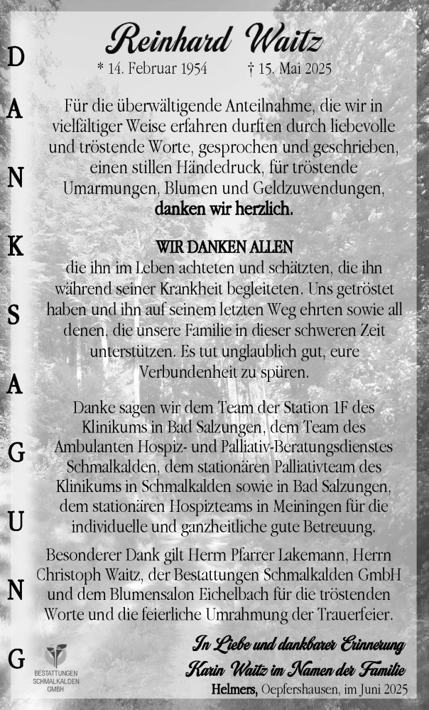  Traueranzeige für Reinhard Waitz vom 28.06.2025 aus Südthüringer Presse