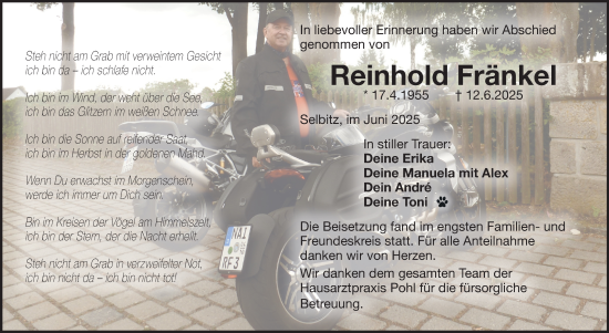 Traueranzeige von Reinhold Fränkel von Frankenpost
