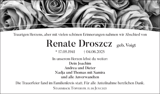 Traueranzeige von Renate Droszcz von Frankenpost