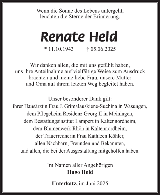Traueranzeige von Renate Held von Südthüringer Presse