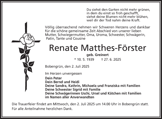 Traueranzeige von Renate Matthes-Förster von Frankenpost